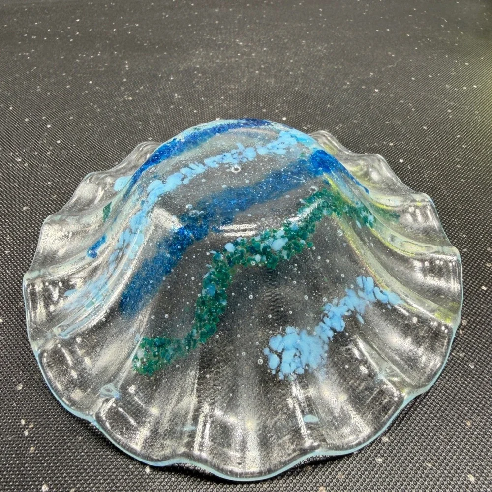 Artisan Fused Glass Scalloped Bowl Blue Teal Striped Coastal Decor Hand Made 5in